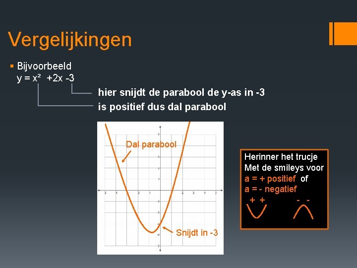 Vergelijkingen § Bijvoorbeeld y = x² +2 x -3 hier snijdt de parabool de Vergelijkingen § Bijvoorbeeld y = x² +2 x -3 hier snijdt de parabool de