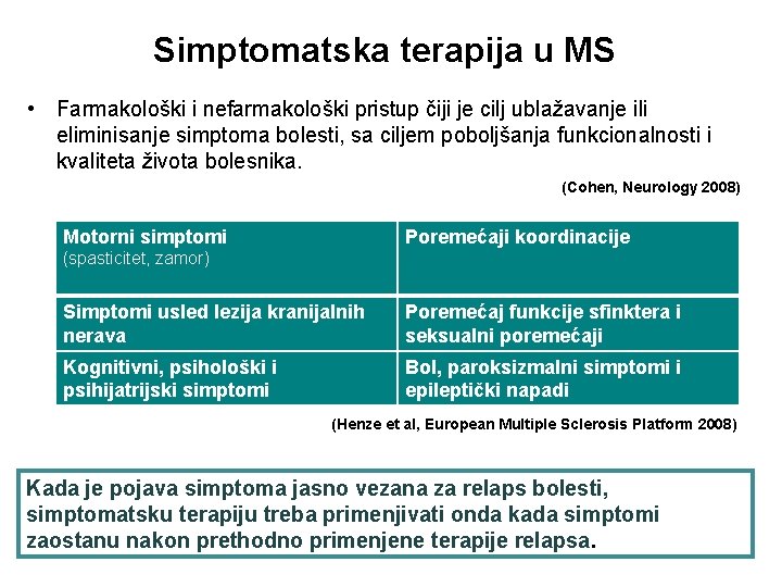 Simptomatska terapija u MS • Farmakološki i nefarmakološki pristup čiji je cilj ublažavanje ili