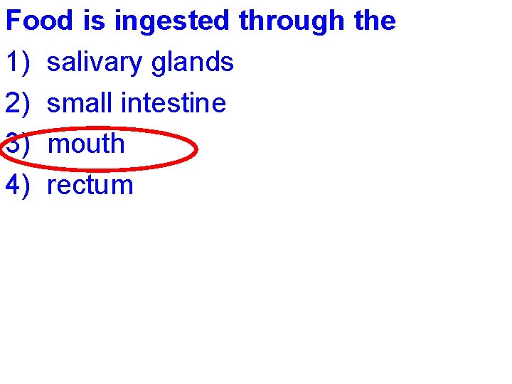 Food is ingested through the 1) salivary glands 2) small intestine 3) mouth 4)