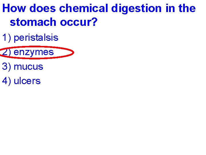 How does chemical digestion in the stomach occur? 1) peristalsis 2) enzymes 3) mucus