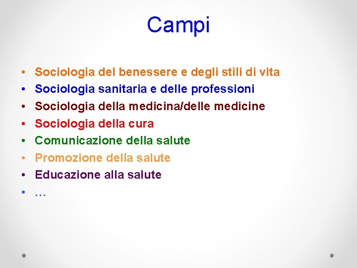 Campi • • Sociologia del benessere e degli stili di vita Sociologia sanitaria e