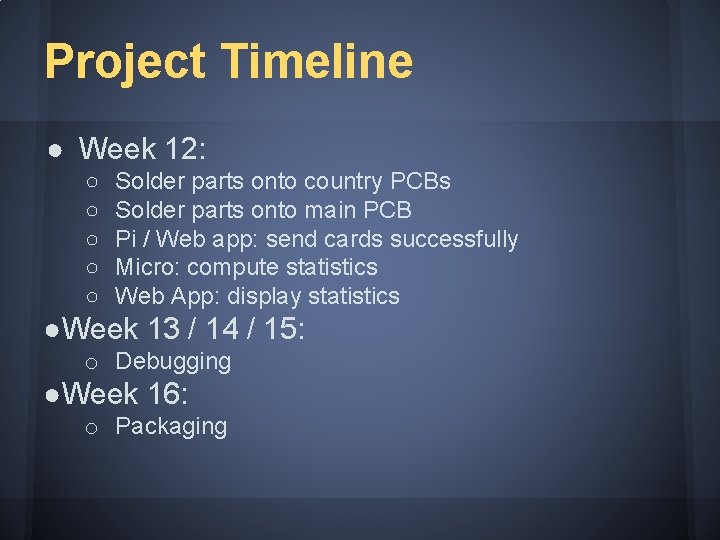 Project Timeline ● Week 12: ○ ○ ○ Solder parts onto country PCBs Solder