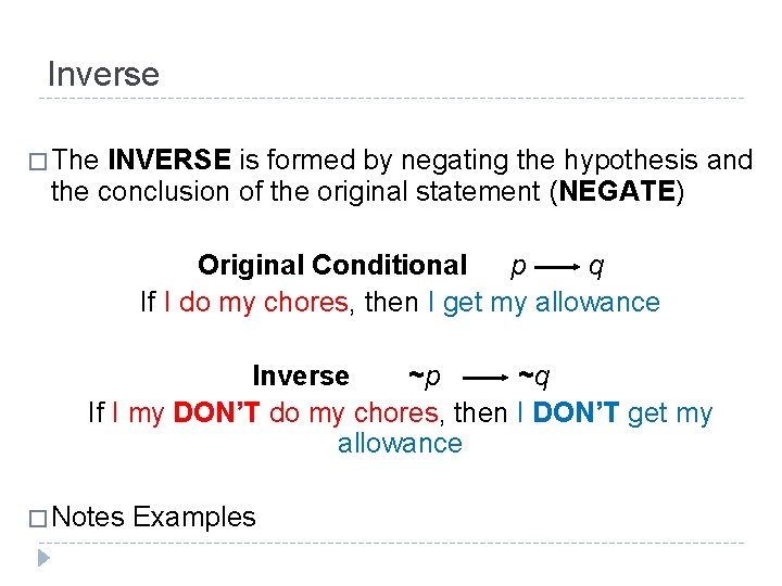 Inverse � The INVERSE is formed by negating the hypothesis and the conclusion of