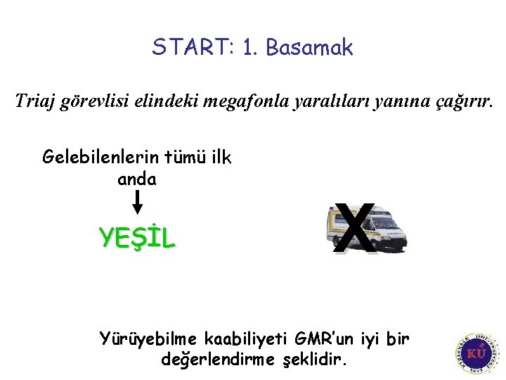 START: 1. Basamak Triaj görevlisi elindeki megafonla yaralıları yanına çağırır. Gelebilenlerin tümü ilk anda