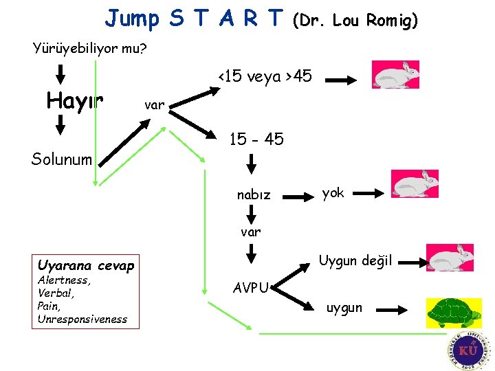 Jump S T A R T (Dr. Lou Romig) Yürüyebiliyor mu? Hayır Solunum <15 Jump S T A R T (Dr. Lou Romig) Yürüyebiliyor mu? Hayır Solunum <15
