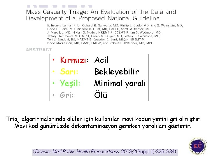• • Kırmızı: Sarı: Yeşil: Gri: Acil Bekleyebilir Minimal yaralı Ölü Triaj algoritmalarında • • Kırmızı: Sarı: Yeşil: Gri: Acil Bekleyebilir Minimal yaralı Ölü Triaj algoritmalarında