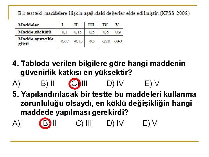 4. Tabloda verilen bilgilere göre hangi maddenin güvenirlik katkısı en yüksektir? A) I B) 4. Tabloda verilen bilgilere göre hangi maddenin güvenirlik katkısı en yüksektir? A) I B)