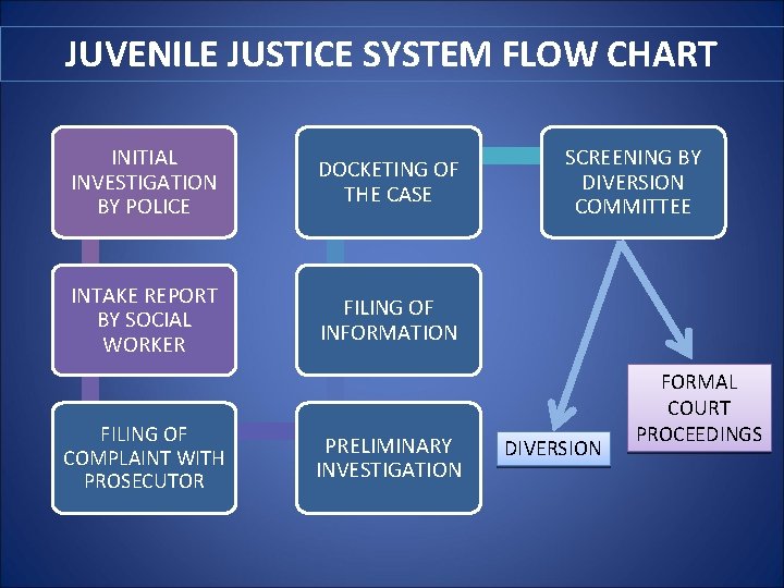 JUVENILE JUSTICE SYSTEM FLOW CHART INITIAL INVESTIGATION BY POLICE DOCKETING OF THE CASE INTAKE