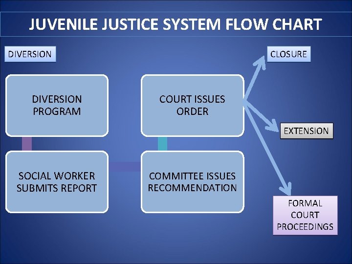 JUVENILE JUSTICE SYSTEM FLOW CHART DIVERSION PROGRAM CLOSURE COURT ISSUES ORDER EXTENSION SOCIAL WORKER