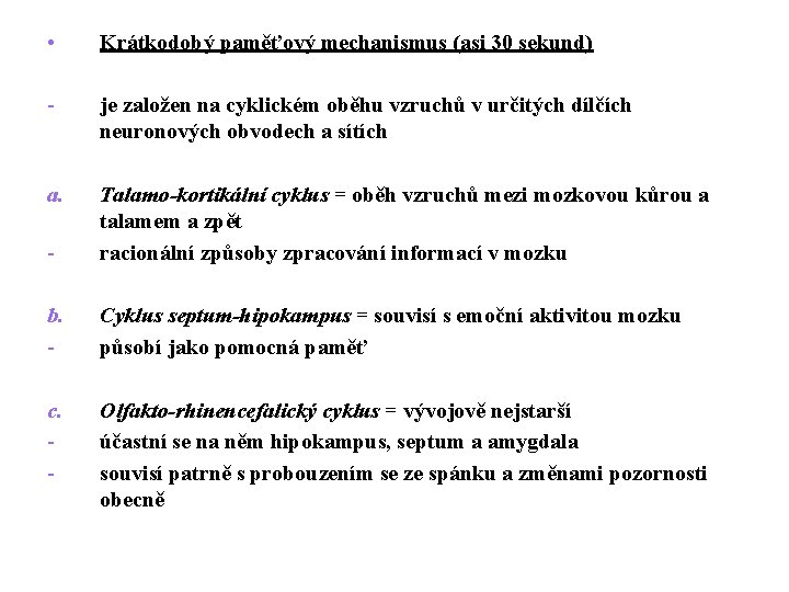  • Krátkodobý paměťový mechanismus (asi 30 sekund) - je založen na cyklickém oběhu