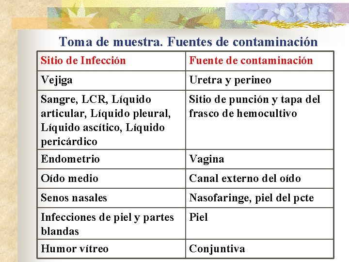 Toma de muestra. Fuentes de contaminación Sitio de Infección Fuente de contaminación Vejiga Uretra