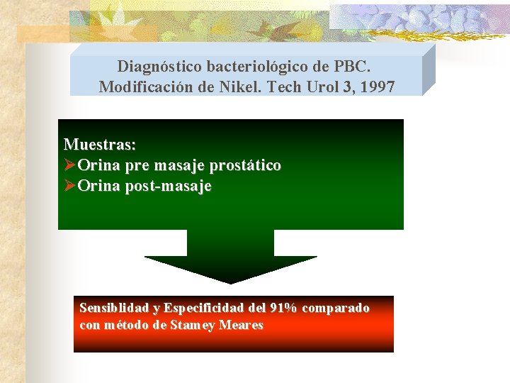 Diagnóstico bacteriológico de PBC. Modificación de Nikel. Tech Urol 3, 1997 Muestras: ØOrina pre