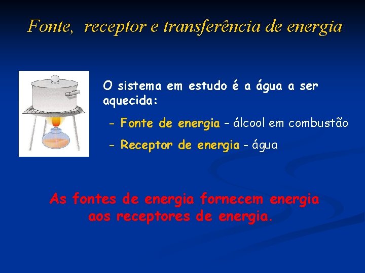 Fonte, receptor e transferência de energia O sistema em estudo é a água a