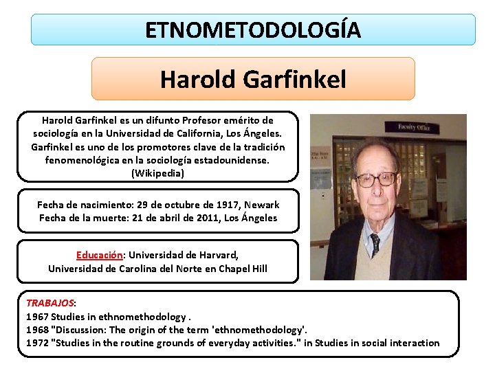 ETNOMETODOLOGÍA Harold Garfinkel es un difunto Profesor emérito de sociología en la Universidad de ETNOMETODOLOGÍA Harold Garfinkel es un difunto Profesor emérito de sociología en la Universidad de