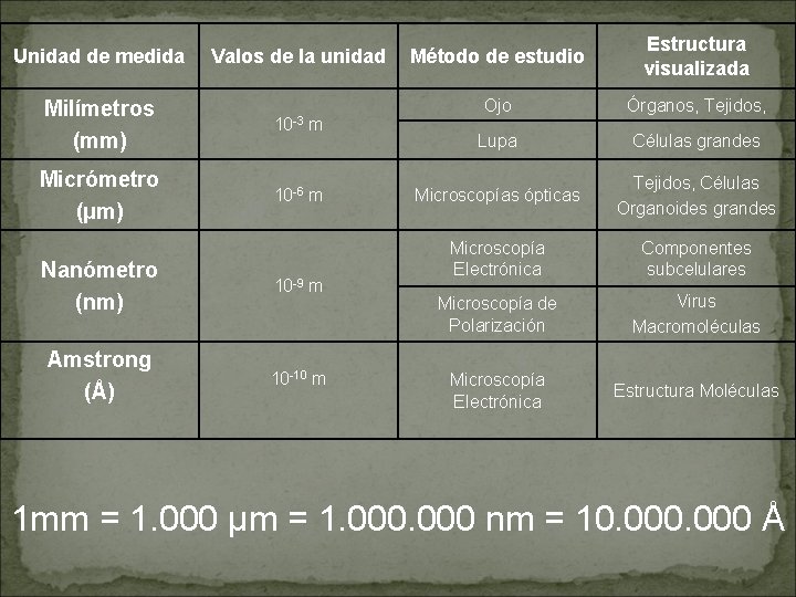 Unidad de medida Valos de la unidad Milímetros (mm) 10 -3 Micrómetro (µm) 10