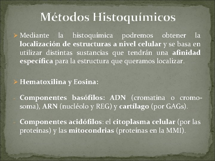 Métodos Histoquímicos Ø Mediante la histoquímica podremos obtener la localización de estructuras a nivel
