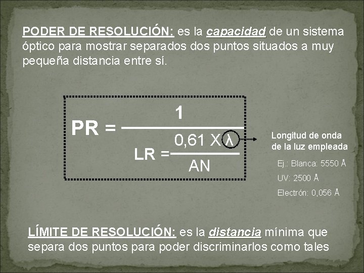 PODER DE RESOLUCIÓN: es la capacidad de un sistema óptico para mostrar separados puntos