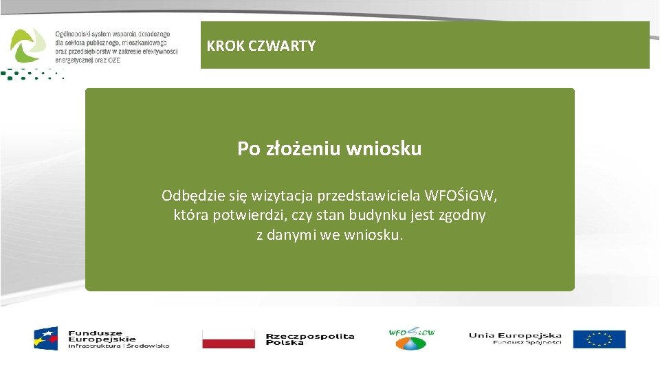 KROK CZWARTY Po złożeniu wniosku Odbędzie się wizytacja przedstawiciela WFOŚi. GW, która potwierdzi, czy KROK CZWARTY Po złożeniu wniosku Odbędzie się wizytacja przedstawiciela WFOŚi. GW, która potwierdzi, czy