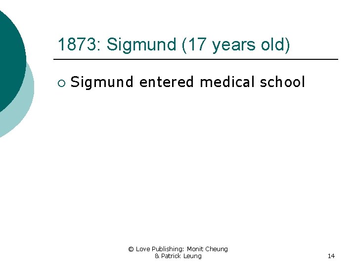 1873: Sigmund (17 years old) ¡ Sigmund entered medical school © Love Publishing: Monit