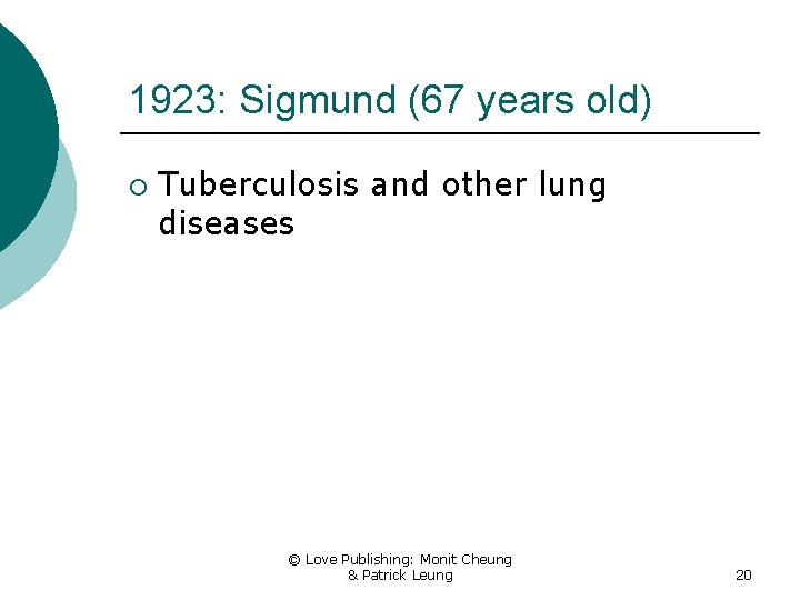 1923: Sigmund (67 years old) ¡ Tuberculosis and other lung diseases © Love Publishing: