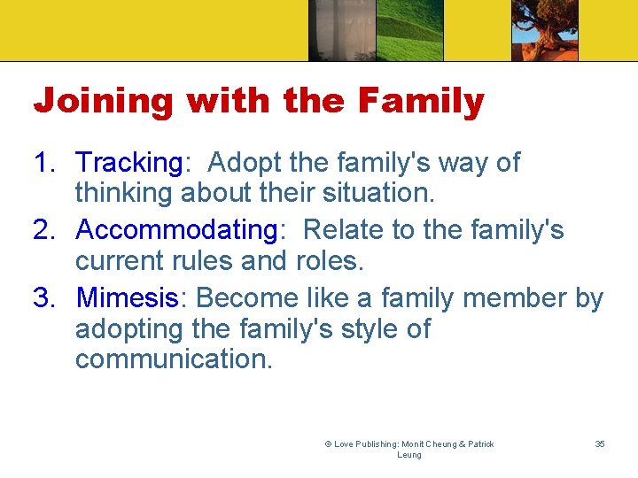 Joining with the Family 1. Tracking: Adopt the family's way of thinking about their