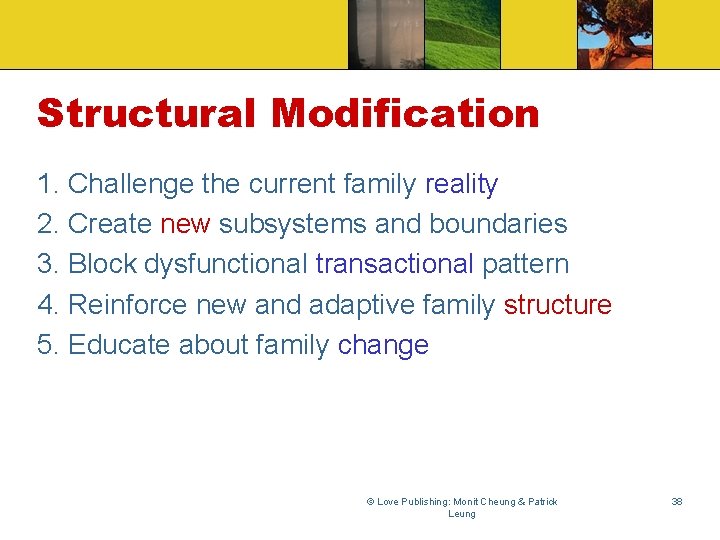 Structural Modification 1. Challenge the current family reality 2. Create new subsystems and boundaries