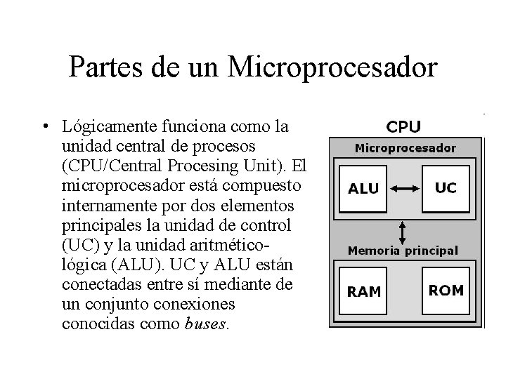 Partes de un Microprocesador • Lógicamente funciona como la unidad central de procesos (CPU/Central