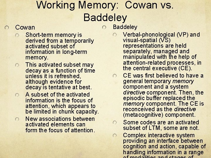 Working Memory: Cowan vs. Baddeley Cowan Short-term memory is derived from a temporarily activated
