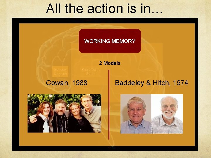 All the action is in… Short-Term Store WORKING MEMORY Long-Term Store 2 Models Sensory