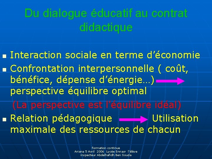 Du dialogue éducatif au contrat didactique n n n Interaction sociale en terme d’économie