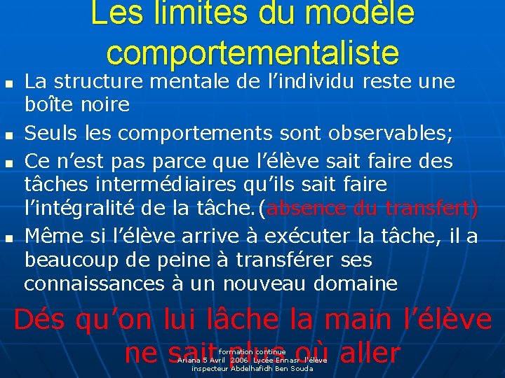 Les limites du modèle comportementaliste n n La structure mentale de l’individu reste une