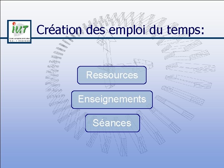 Création des emploi du temps: Ressources Enseignements Séances 