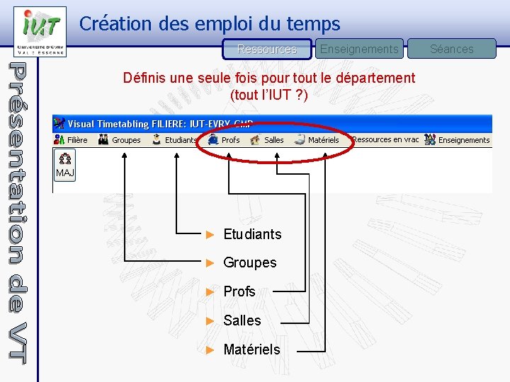 Création des emploi du temps Ressources Enseignements Définis une seule fois pour tout le