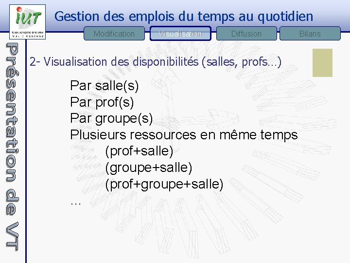 Gestion des emplois du temps au quotidien Modification Visualisation Diffusion 2 - Visualisation des