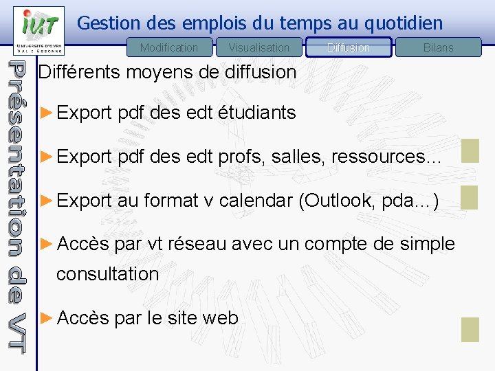 Gestion des emplois du temps au quotidien Modification Visualisation Diffusion Bilans Différents moyens de