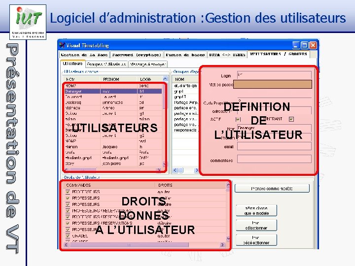 Logiciel d’administration : Gestion des utilisateurs UTILISATEURS DROITS DONNES A L’UTILISATEUR DEFINITION DE L’UTILISATEUR