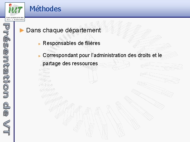 Méthodes ► Dans chaque département ► Responsables de filières ► Correspondant pour l’administration des