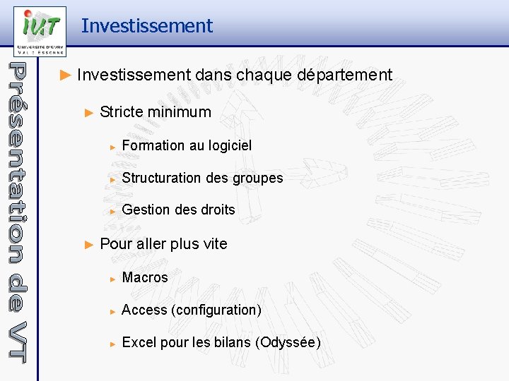 Investissement ► Investissement dans chaque département ► ► Stricte minimum ► Formation au logiciel