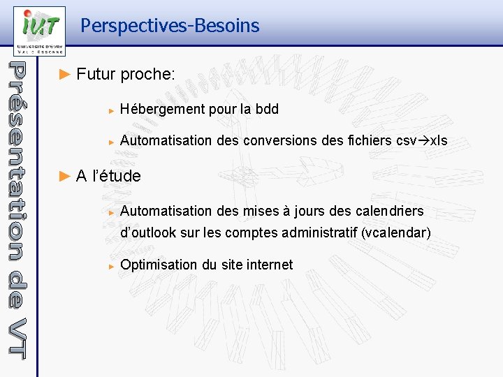 Perspectives-Besoins ► Futur proche: ► Hébergement pour la bdd ► Automatisation des conversions des