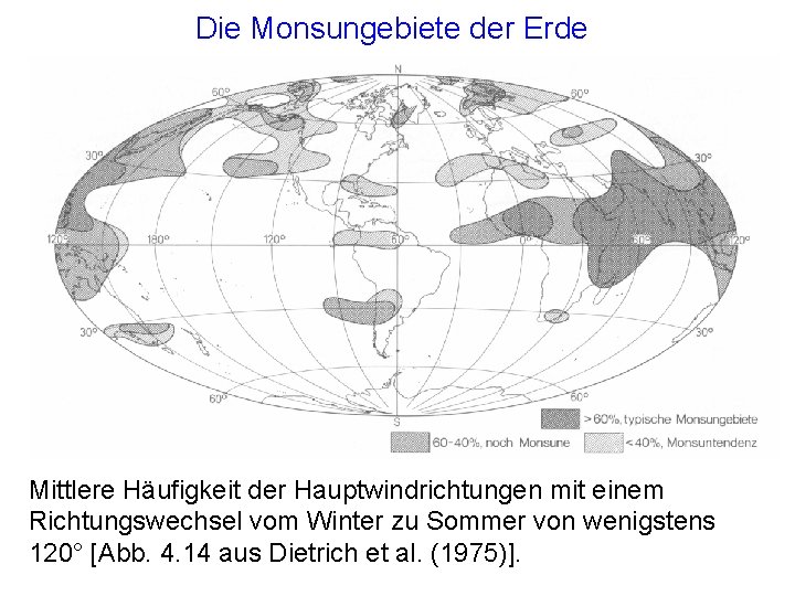 Die Monsungebiete der Erde Mittlere Häufigkeit der Hauptwindrichtungen mit einem Richtungswechsel vom Winter zu Die Monsungebiete der Erde Mittlere Häufigkeit der Hauptwindrichtungen mit einem Richtungswechsel vom Winter zu