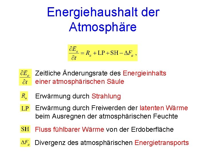 Energiehaushalt der Atmosphäre Zeitliche Änderungsrate des Energieinhalts einer atmosphärischen Säule Erwärmung durch Strahlung Erwärmung Energiehaushalt der Atmosphäre Zeitliche Änderungsrate des Energieinhalts einer atmosphärischen Säule Erwärmung durch Strahlung Erwärmung
