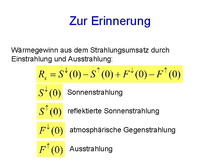 Zur Erinnerung Wärmegewinn aus dem Strahlungsumsatz durch Einstrahlung und Ausstrahlung: Sonnenstrahlung reflektierte Sonnenstrahlung atmosphärische Zur Erinnerung Wärmegewinn aus dem Strahlungsumsatz durch Einstrahlung und Ausstrahlung: Sonnenstrahlung reflektierte Sonnenstrahlung atmosphärische
