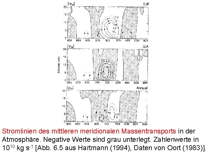 Stromlinien des mittleren meridionalen Massentransports in der Atmosphäre. Negative Werte sind grau unterlegt. Zahlenwerte Stromlinien des mittleren meridionalen Massentransports in der Atmosphäre. Negative Werte sind grau unterlegt. Zahlenwerte