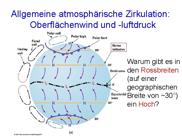 Allgemeine atmosphärische Zirkulation: Oberflächenwind und -luftdruck Warum gibt es in den Rossbreiten (auf einer Allgemeine atmosphärische Zirkulation: Oberflächenwind und -luftdruck Warum gibt es in den Rossbreiten (auf einer