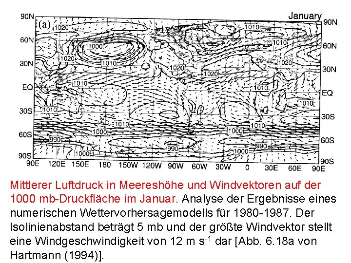Mittlerer Luftdruck in Meereshöhe und Windvektoren auf der 1000 mb-Druckfläche im Januar. Analyse der Mittlerer Luftdruck in Meereshöhe und Windvektoren auf der 1000 mb-Druckfläche im Januar. Analyse der