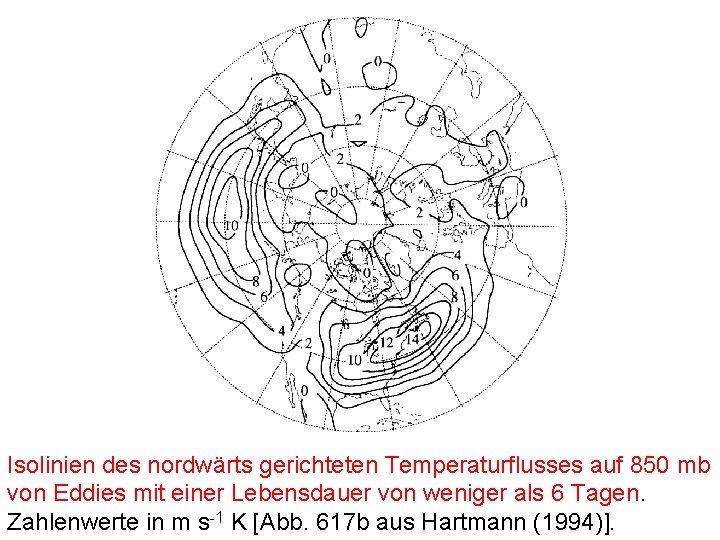 Isolinien des nordwärts gerichteten Temperaturflusses auf 850 mb von Eddies mit einer Lebensdauer von Isolinien des nordwärts gerichteten Temperaturflusses auf 850 mb von Eddies mit einer Lebensdauer von