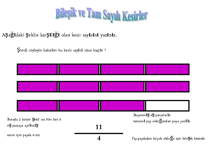 Aşağıdaki şeklin karşılığı olan kesir sayısını yazınız. Şimdi söyleyin bakalım bu kesir sayısı sizce