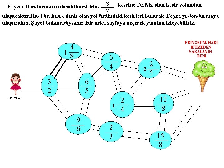 3 kesrine DENK olan kesir yolundan 2 ulaşacaktır. Hadi bu kesre denk olan yol