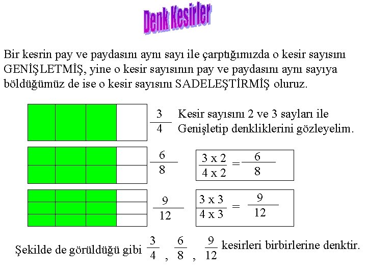 Bir kesrin pay ve paydasını aynı sayı ile çarptığımızda o kesir sayısını GENİŞLETMİŞ, yine