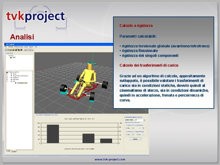Calcolo a rigidezza Analisi Parametri calcolabili: • rigidezza torsionale globale (avantreno/retrotreno) • rigidezza flessionale